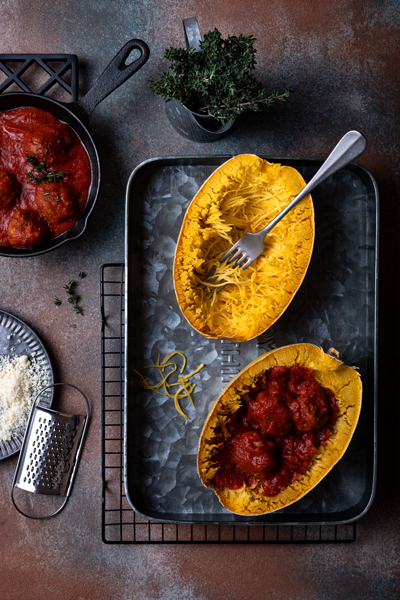 Recette de courge spaghetti et boulettes de viande