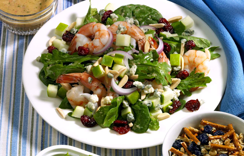 Crevettes et salade bleue avec vinaigrette au xérès et thym